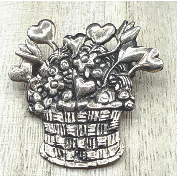 Vintage Mary Engelbreit Brooch 925 Sterling Silver Heart Flower Basket Pin